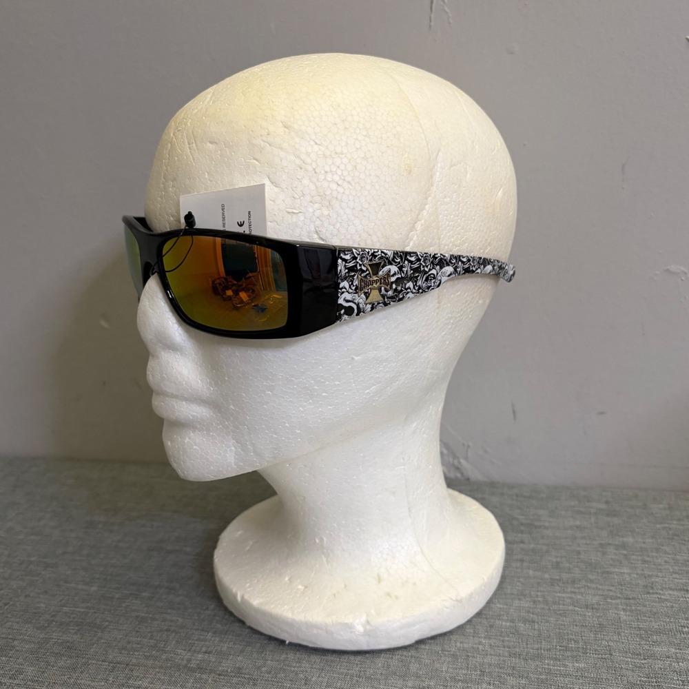 Choppers Sunglasses Mens OS Black 6775-YLW Skull Print Mirrored Y2K Biker Shades